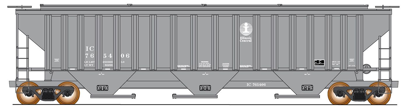 InterMountain HO 7450 Cu Ft 3-Bay Rib-Sided Hopper (ILLINOIS CENTRAL - GREY)