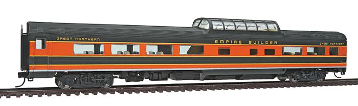 Walthers Proto - 85&#39; Budd 46-Seat Vista Dome Coach - Lighted - Empire Builder -- Great Northern (Omaha Orange, green)