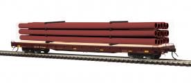 MTH HO 60&#39; Wood Deck Flat Car with Pipe Load