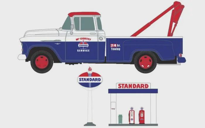 Classic Metal Works-1955 Chevy Tow Truck with Station Sign, Gas Pump Island - Assembled -- Standard (red, blue, white)