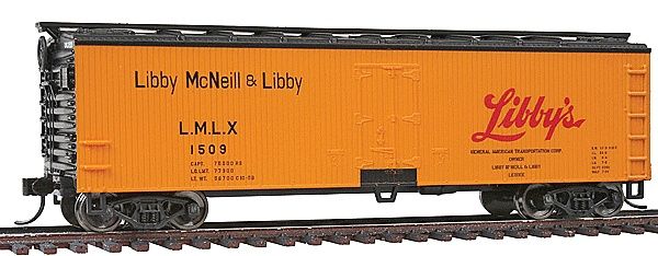 Walthers Mainline-40&#39; Double Sheathed Reefer w/Steel Roof/Ends - Ready to Run -- Libby&#39;s LMLX #1626 (orange, black, red)