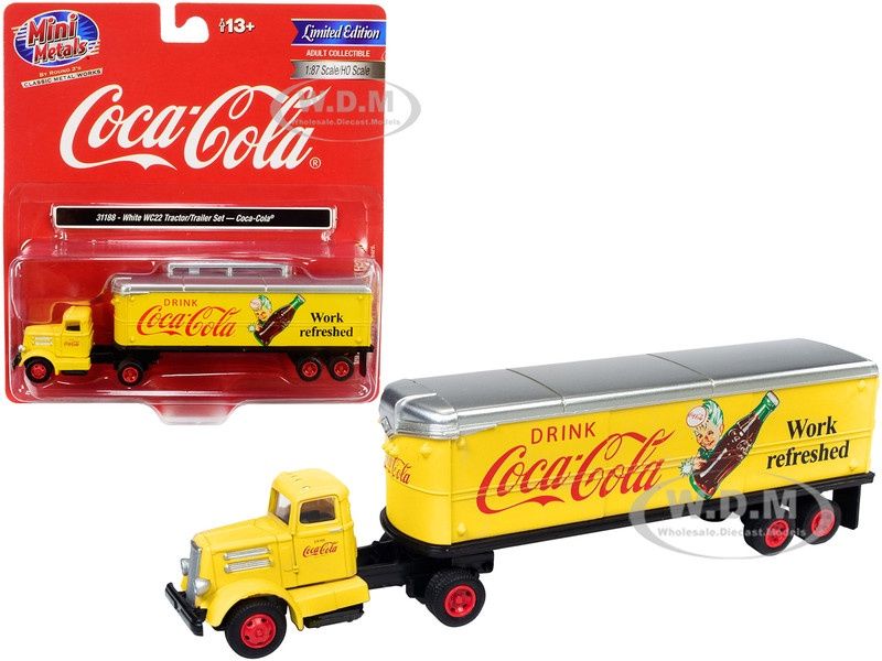 Mini Metals - White WC22 Tractor Trailer &quot;Coca-Cola&quot; Yellow 1/87 (HO) Scale