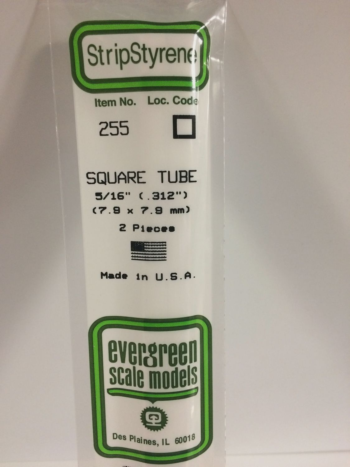 Evergreen Scale Models - 255 - .312&quot; (7.9mm)OPAQUE WHITE POLYSTYRENE SQUARE TUBING