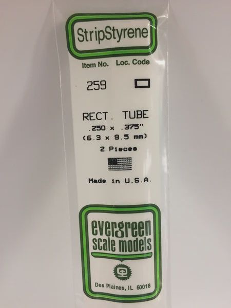 Evergreen Scale Models - 259 - .250" X .375" (6.3mm X 9.5mm) OPAQUE WHITE POLYSTYRENE RECTANGULAR TUBING