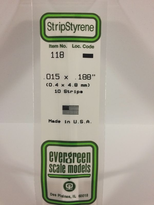 Evergreen Scale Models - 118 - .015" X .188" OPAQUE WHITE POLYSTYRENE STRIP
