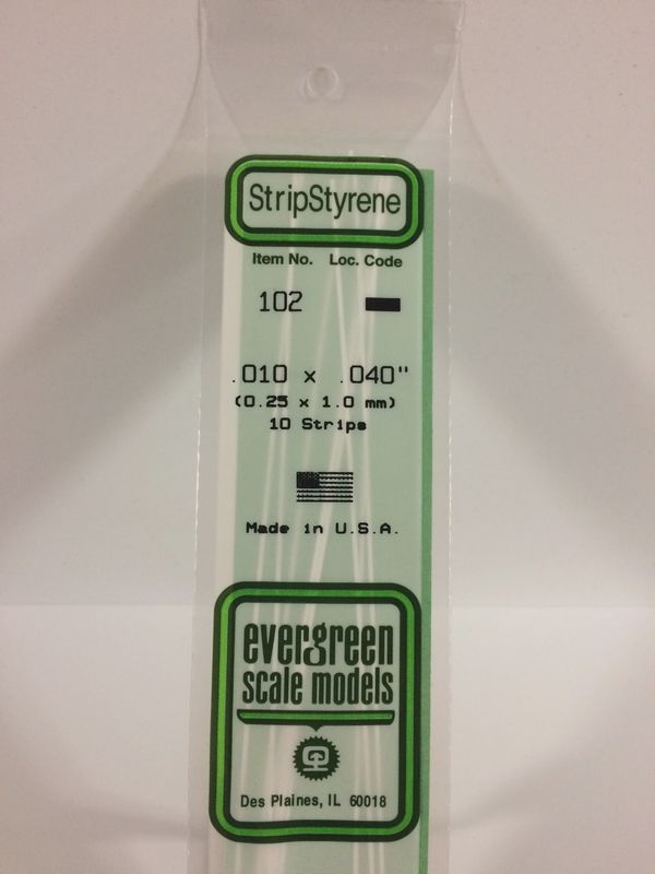Evergreen Scale Models - 102 - .010" X .040" OPAQUE WHITE POLYSTYRENE STRIP