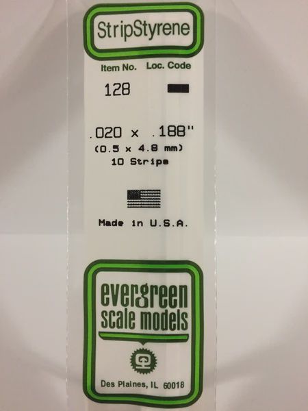 Evergreen Scale Models - 128 - .020" X .188" OPAQUE WHITE POLYSTYRENE STRIP