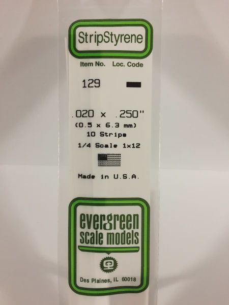 Evergreen Scale Models - 129 - .020&quot; X .250&quot; OPAQUE WHITE POLYSTYRENE STRIP