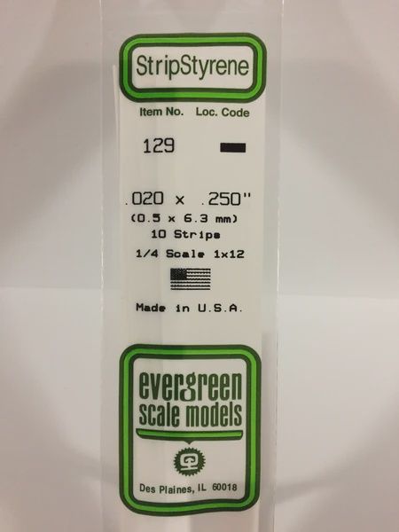 Evergreen Scale Models - 129 - .020" X .250" OPAQUE WHITE POLYSTYRENE STRIP