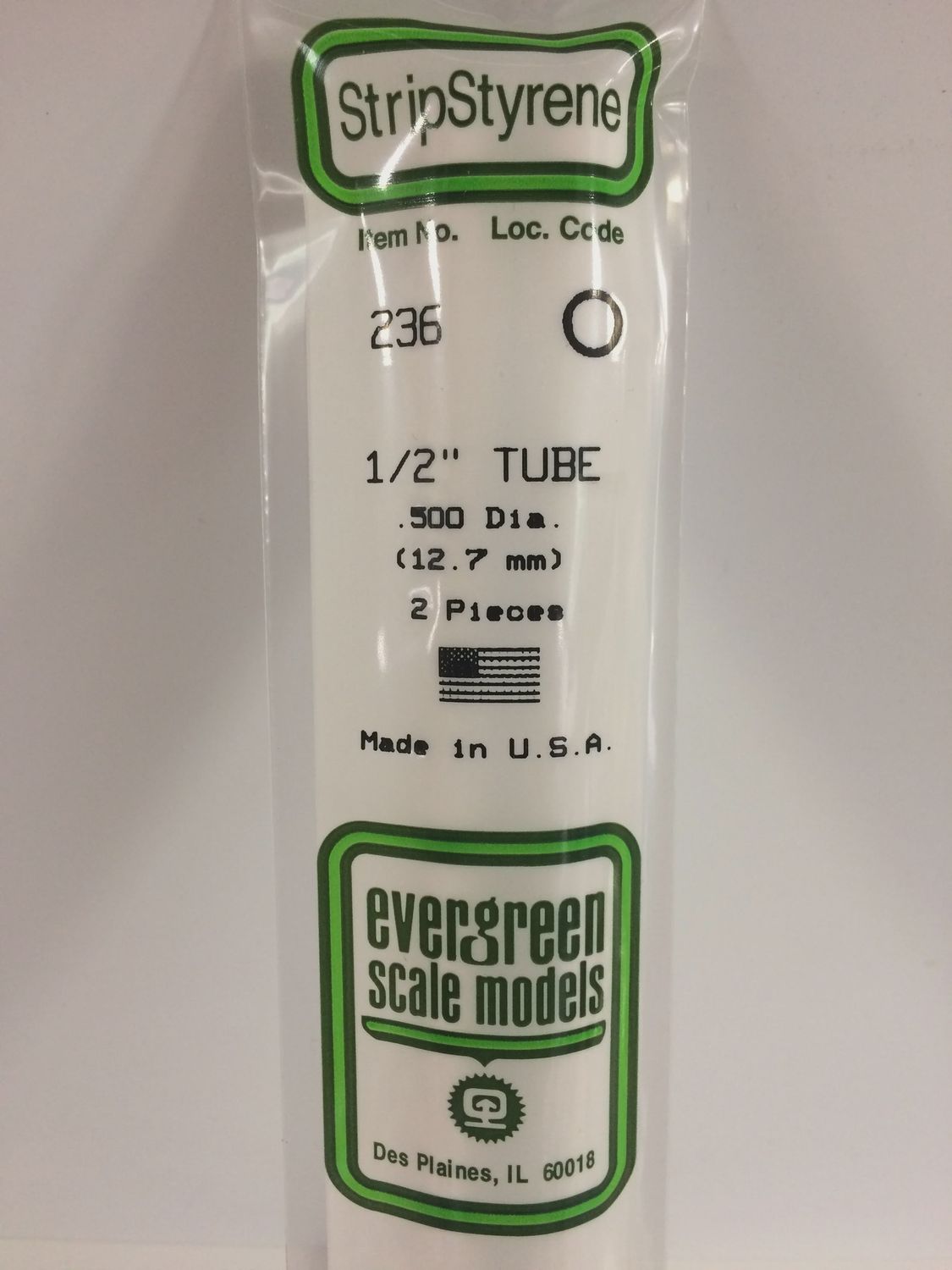Evergreen Scale Models - 236 - .500&quot; (12.7mm) OD WHITE POLYSTYRENE TUBING