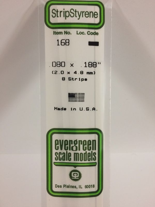 Evergreen Scale Models - 168 - .080" X .188" OPAQUE WHITE POLYSTYRENE STRIP