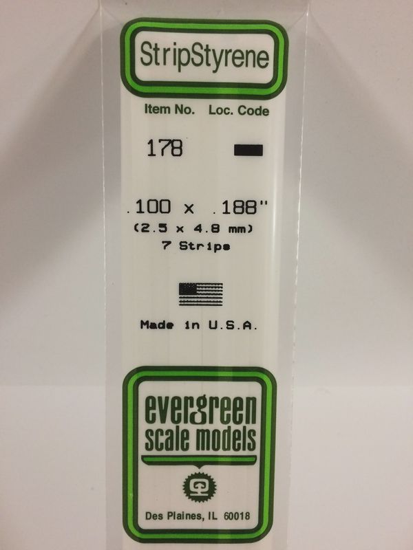 Evergreen Scale Models - 178 - .100" X .188" OPAQUE WHITE POLYSTYRENE STRIP
