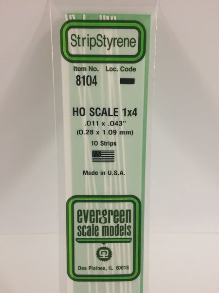 Evergreen Scale Models - 8104 - .011" X .043" OPAQUE WHITE POLYSTYRENE HO SCALE STRIPS (1X4