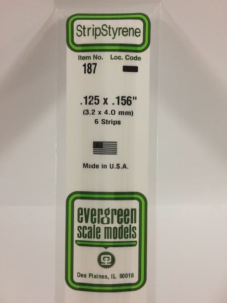 Evergreen Scale Models - 187 - .125" X .156" OPAQUE WHITE POLYSTYRENE STRIP