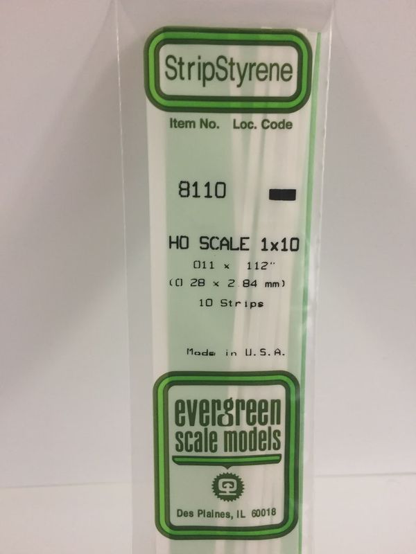 Evergreen Scale Models -8110 - .011" X .112" OPAQUE WHITE POLYSTYRENE HO SCALE STRIPS (1X10)