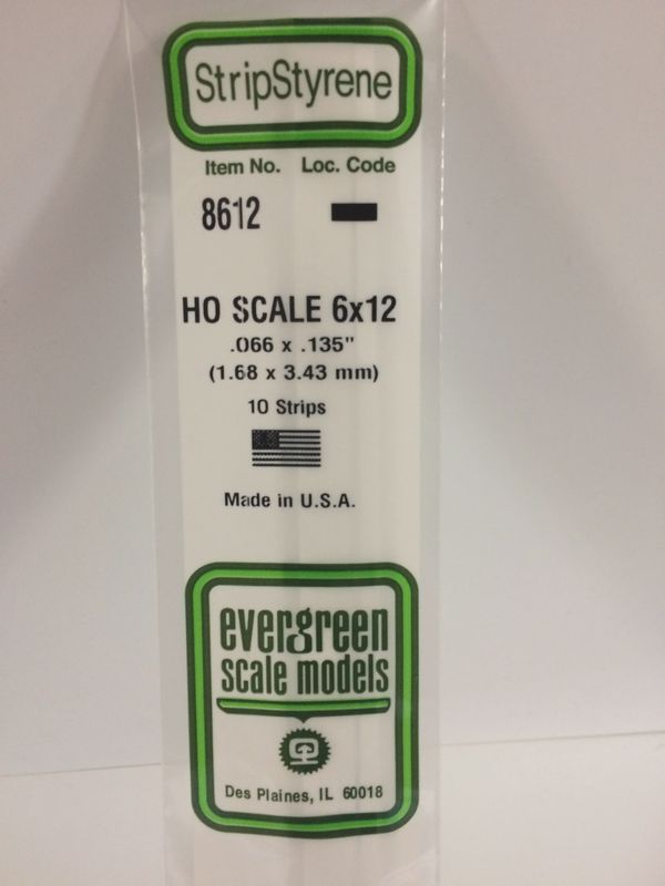 Evergreen Scale Models - 8612 - .066" X .135" / 1.7mm X 3.4mm OPAQUE WHITE POLYSTYRENE HO SCALE STRIPS (6X12)