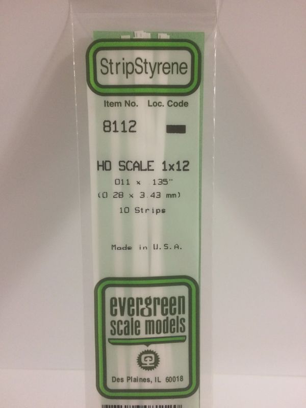 Evergreen Scale Models 8112 - .011" X .135" / .3MM X 3.4MM OPAQUE WHITE POLYSTYRENE HO SCALE STRIPS (1X12)
