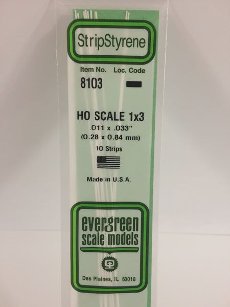 Evergreen Scale Models - 8103 - .011" X .033" OPAQUE WHITE POLYSTYRENE HO SCALE STRIPS (1X3)
