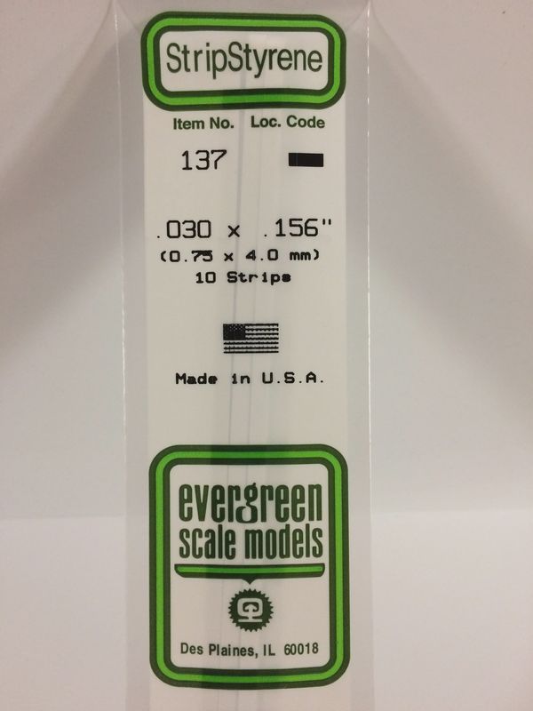 Evergreen Scale Models - 137- .030" X .156" OPAQUE WHITE POLYSTYRENE STRIP