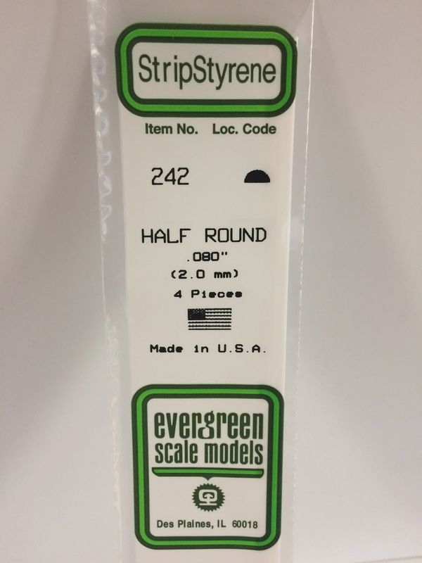 Evergreen Scale Models -242 - .080" (2.0MM) OPAQUE WHITE POLYSTYRENE HALF ROUND