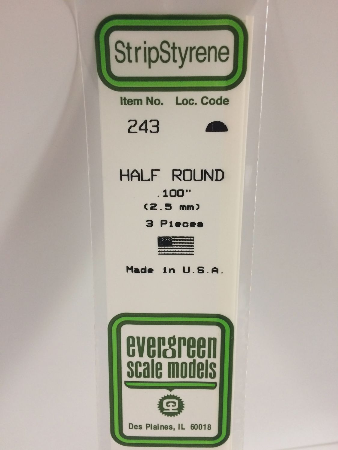 Evergreen Scale Models243 - .100&quot; (2.5MM) OPAQUE WHITE POLYSTYRENE HALF ROUND