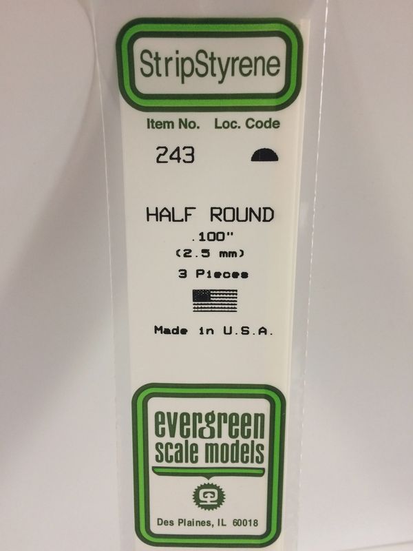 Evergreen Scale Models243 - .100" (2.5MM) OPAQUE WHITE POLYSTYRENE HALF ROUND