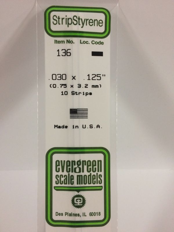 Evergreen Scale Models - 136 - .030" X .125" OPAQUE WHITE POLYSTYRENE STRIP