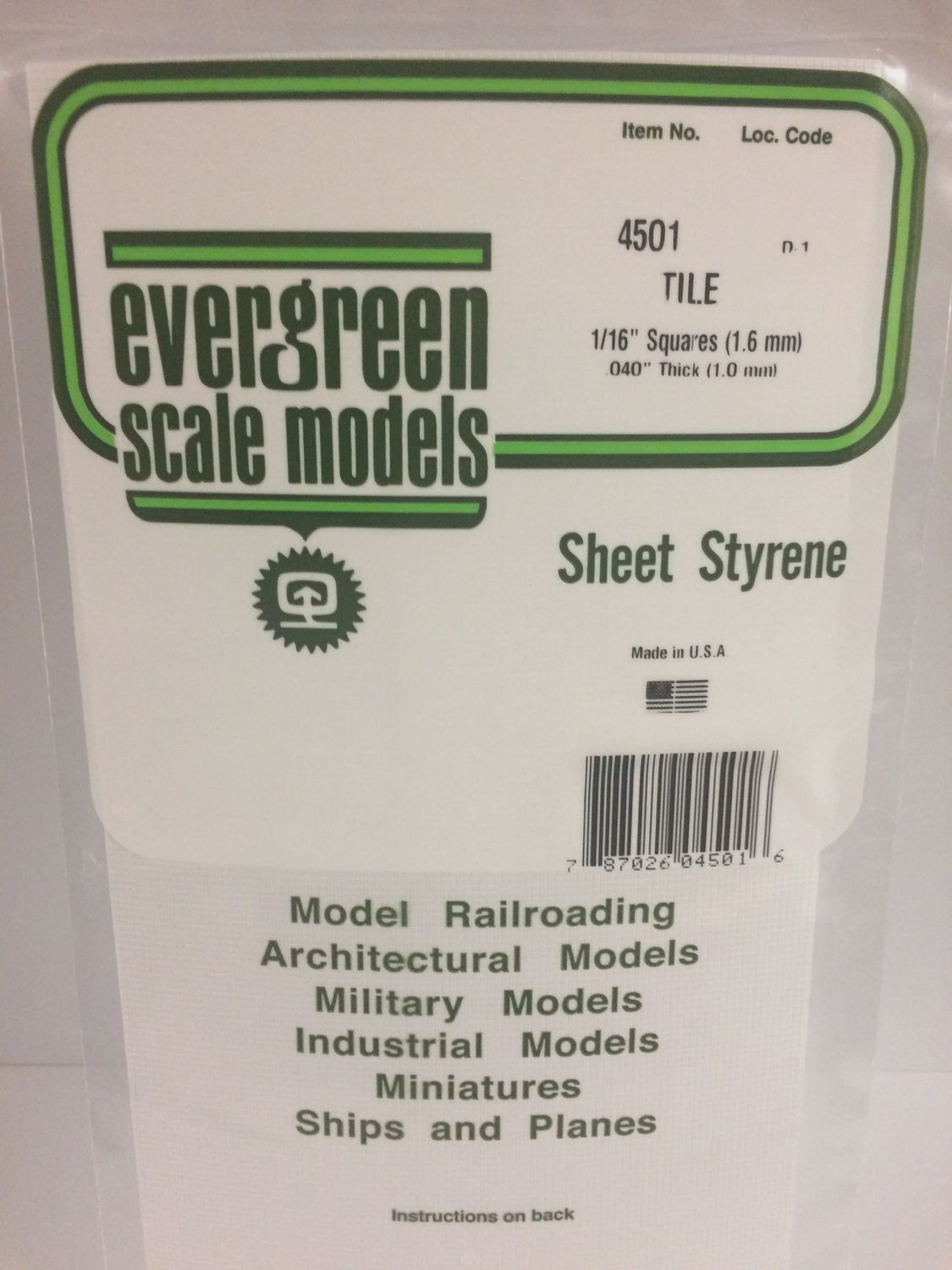 Evergreen Scale Models - 4501 - 1/16&quot; x 1/16&quot; OPAQUE WHITE POLYSTYRENE SQUARE TILE