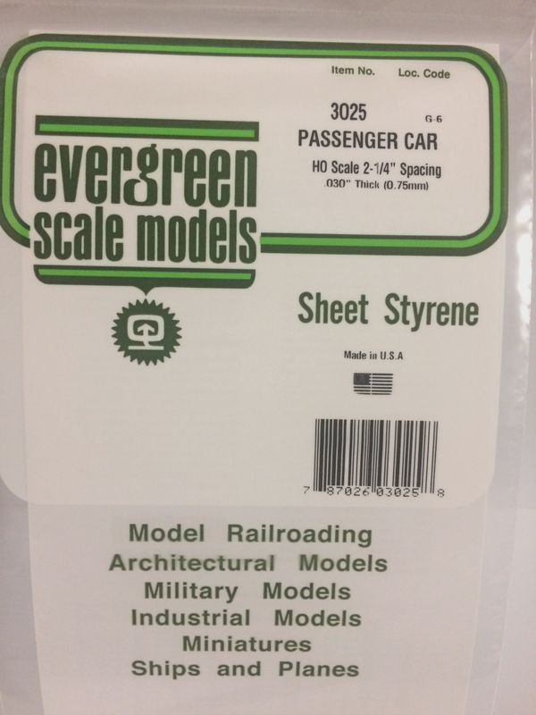 Evergreen Scale Models - 3025 - .025" OPAQUE WHITE POLYSTYRENE PASSENGER CAR SIDING