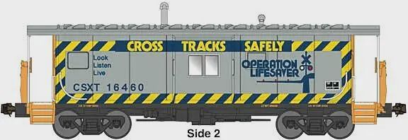 Bluford Shops-International Car Bay Window Caboose Phase 4 - Ready to Run -- CSXT (gray, blue, yellow, Cross Tracks Safely Slogan)