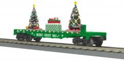 MTH RailKing 30-76923 -- Flat Car w/Lighted Christmas Trees - Christmas (Green)  #2024