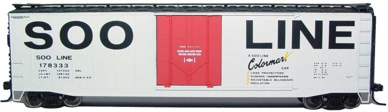 Rivarossi-HO Soo Line 50ft Boxcar with Plug Door and Roofwalk (white, black,red)