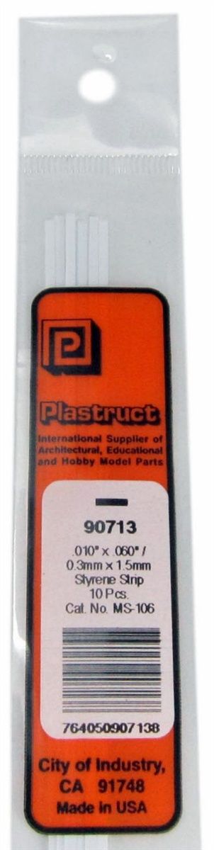 Plastruct-Styrene Plastic Strips -- .010 x .060 x 10&quot; .03 x .15 x 25.4cm pkg(10)