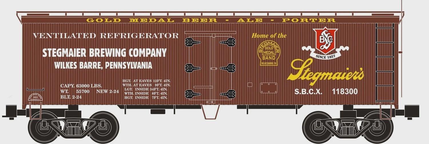Ready Made Trains (RMT) 86189-  O Scale - 36&#39; Wood Side Reefer Car Stegmaier Beer