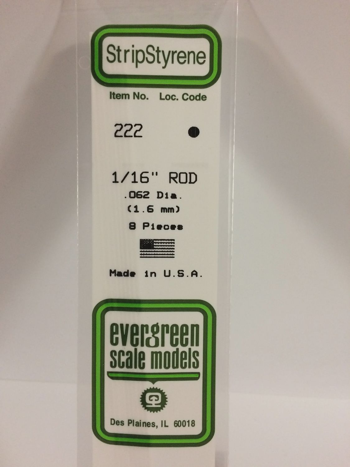 Evergreen 222 - .062&quot; (1.6mm) OD WHITE POLYSTYRENE ROD