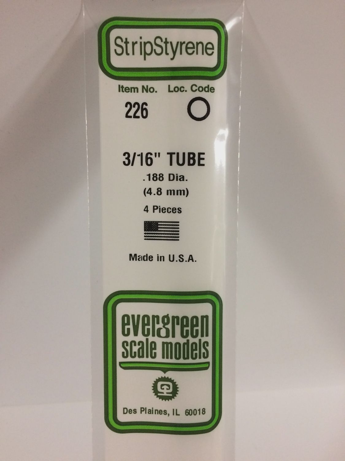 Evergreen 226 - .188&quot; (4.8mm) OD OPAQUE WHITE POLYSTYRENE TUBING