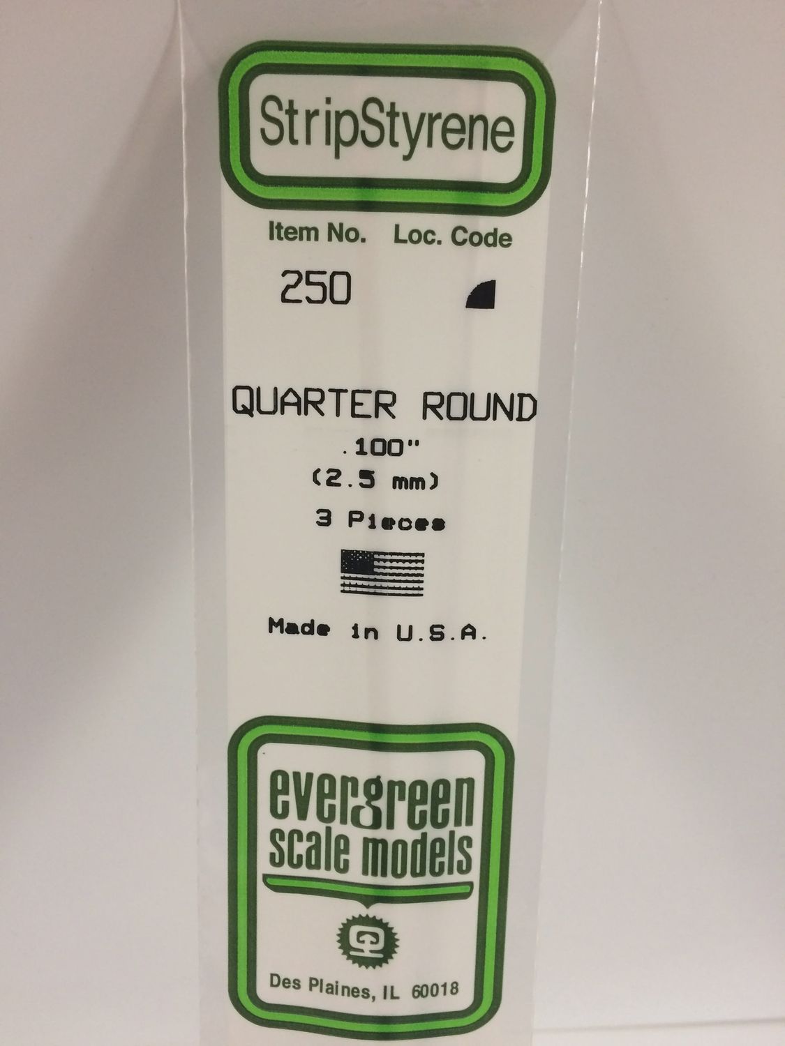 Evergreen 250 - .100&quot; (2.5mm) OPAQUE WHITE POLYSTYRENE QUARTER ROUND