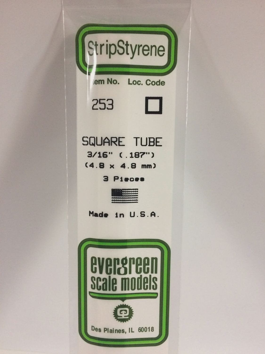Evergreen 253 - .188&quot; (4.8mm) OPAQUE WHITE POLYSTYRENE SQUARE TUBING