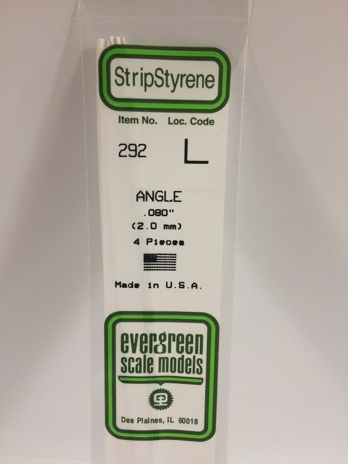 Evergreen 292 - .080&quot; (2.0mm) OPAQUE WHITE POLYSTYRENE ANGLE