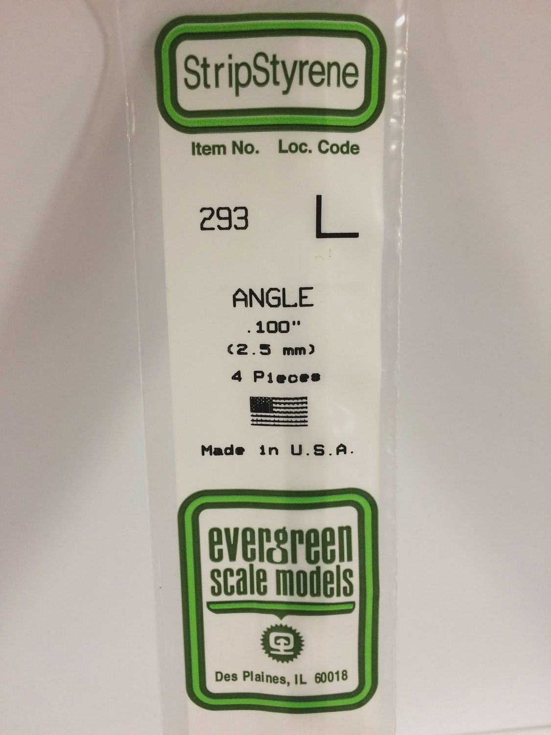 Evergreen 293 - .100&quot; (2.5mm) OPAQUE WHITE POLYSTYRENE ANGLE