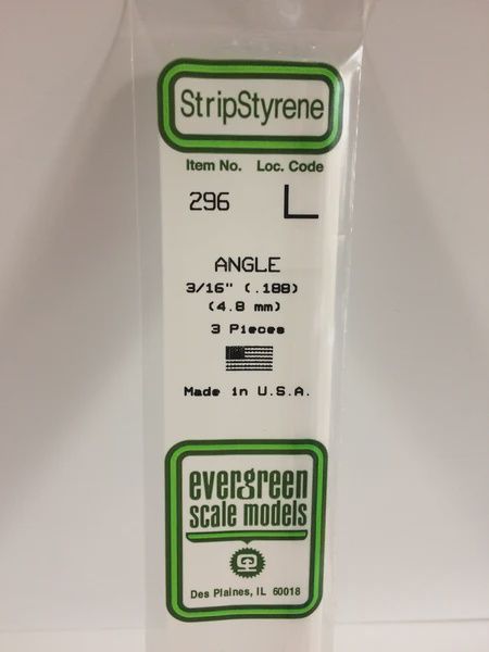 Evergreen 296 - .188&quot; (4.8mm) OPAQUE WHITE POLYSTYRENE ANGLE