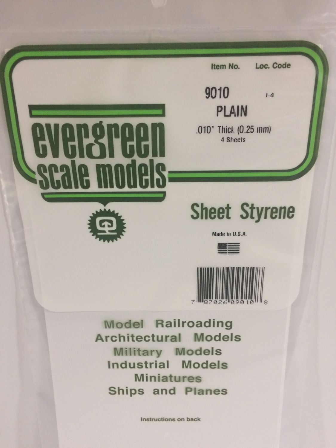 Evergreen 9010 - .010&quot; (.25mm) PLAIN OPAQUE WHITE POLYSTYRENE SHEET