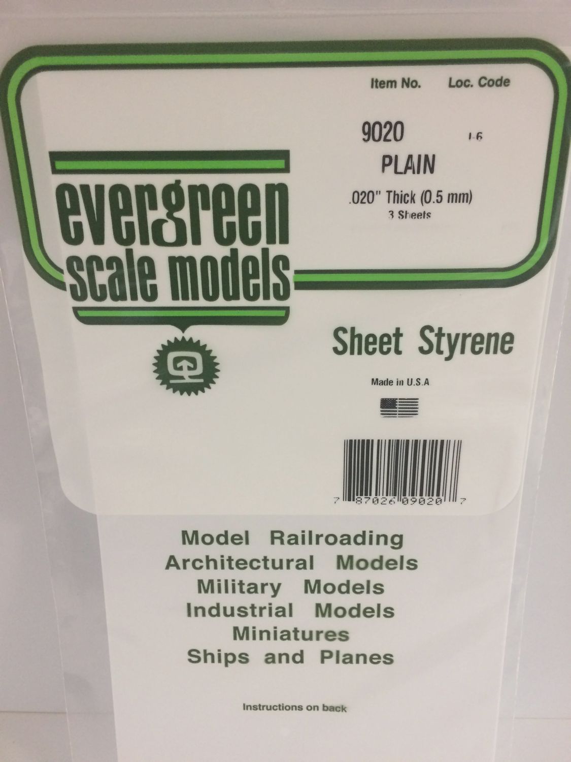 Evergreen 9020 - .020&quot; (.50mm) PLAIN OPAQUE WHITE POLYSTYRENE SHEET