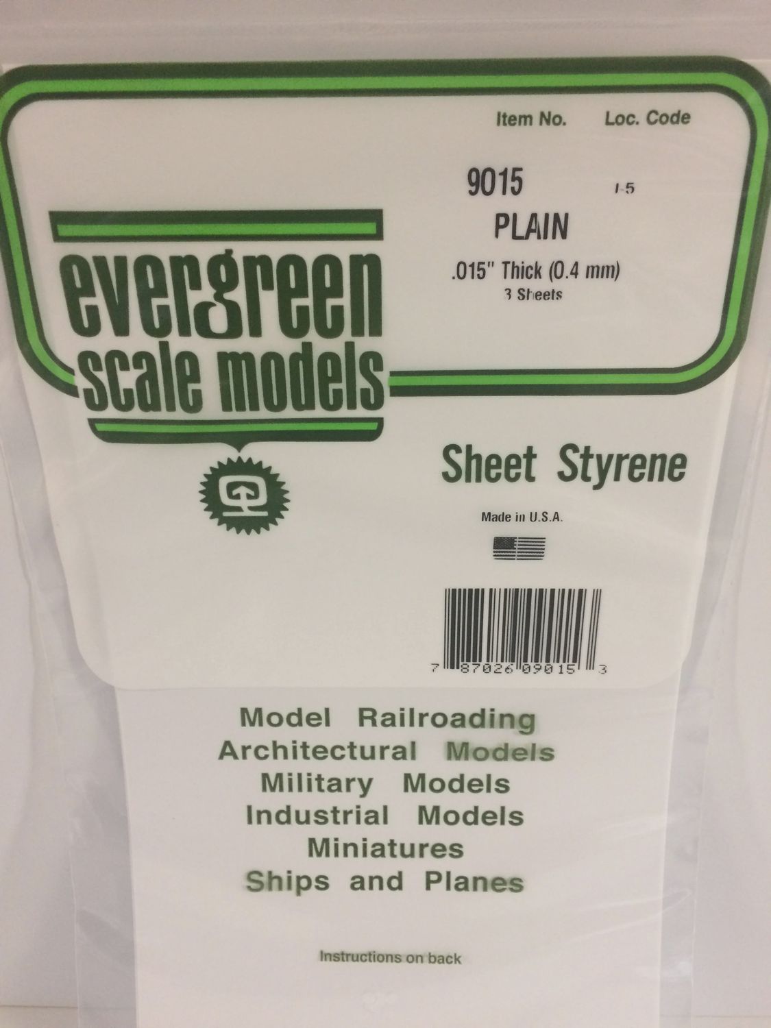 Evergreen 9015 - .015&quot; (.38mm) PLAIN OPAQUE WHITE POLYSTYRENE SHEET
