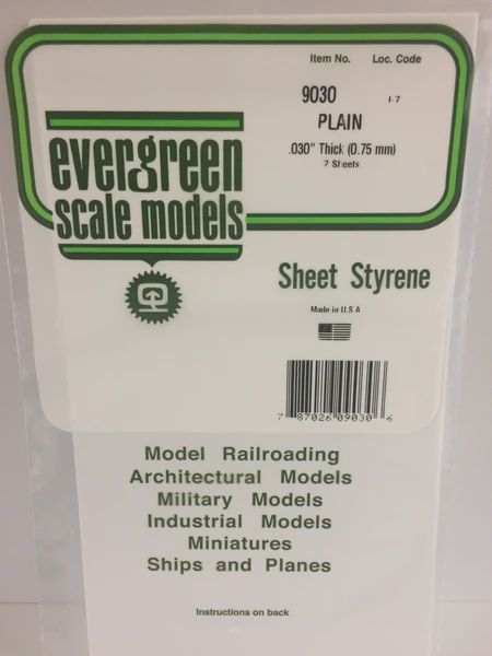Evergreen 9030 - .030&quot; (.75mm) PLAIN OPAQUE WHITE POLYSTYRENE SHEET