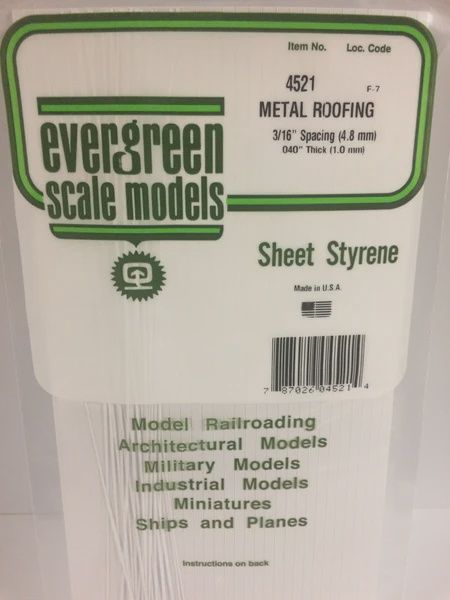 Evergreen 4521 - .040&quot; X .1875 OPAQUE WHITE POLYSTYRENE STANDING SEAM ROOFING