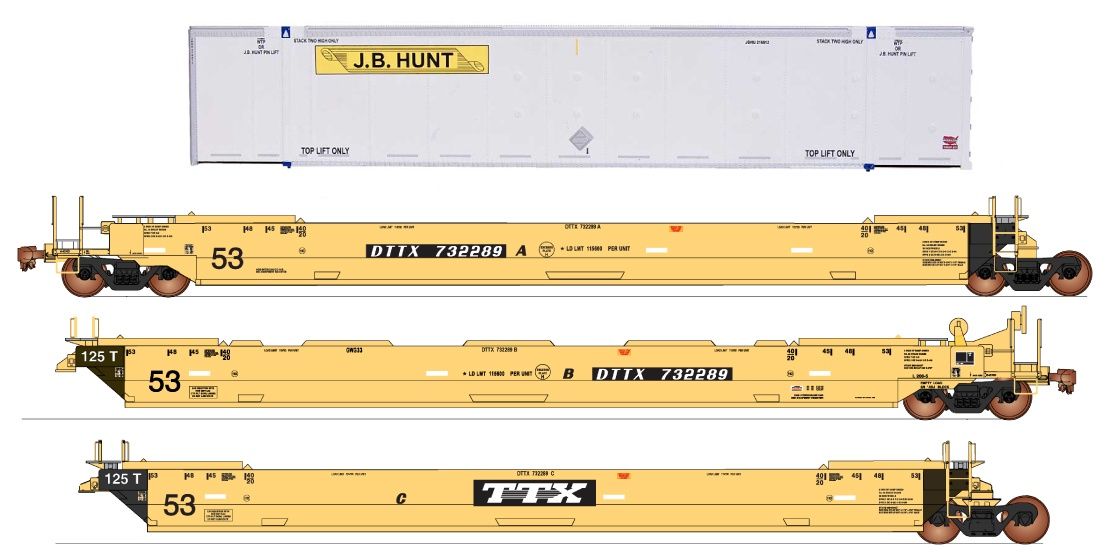 InterMountain 47361C - HO Gunderson Maxi IV Late Well Car + 53&#39; Container (6 Pack) DTTX - TTX Paint w/ J.B Hunt Container