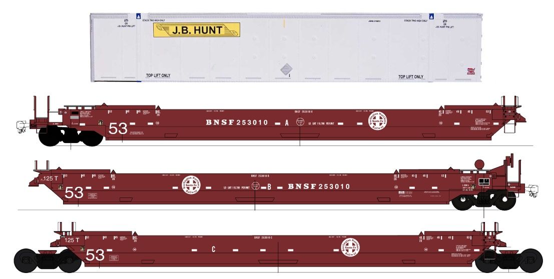 InterMountain 47362C - HO Gunderson Maxi IV Late Well Car + 53&#39; Container (6 Pack) BNSF H1 Round Logo + JB Hunt Container