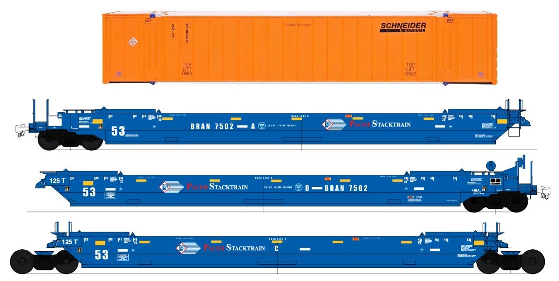 InterMountain 47364C - HO Gunderson Maxi IV Late Well Car + 53&#39; Container (6 Pack) Pacer Stacktrain w/ Schneider Container