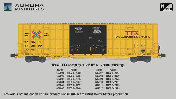 Aurora Miniatures -N Scale Greenbrier 7550 cf 60&#39; Plate F Boxcar - TBOX (Normal Markings), Road Number: 642932